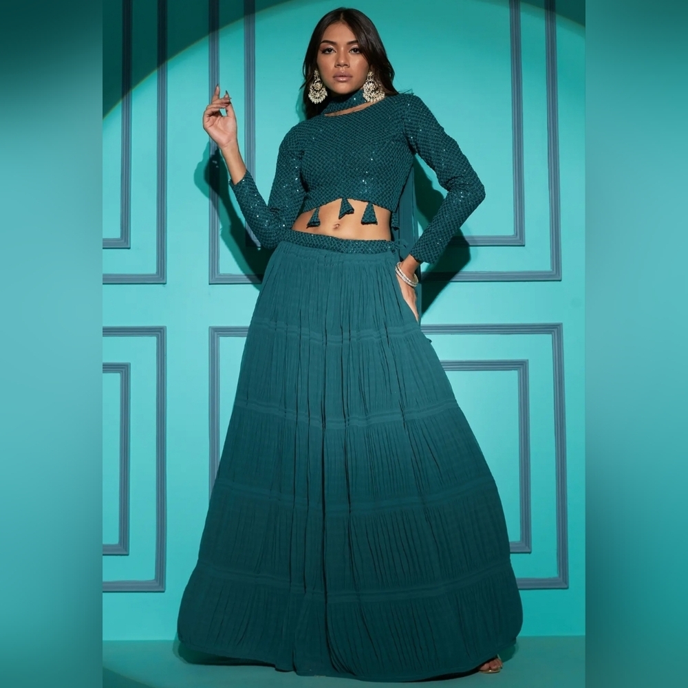 Georgette Pletting Pattern Lehenga Choli with Sequins-Thread Embroidered Green